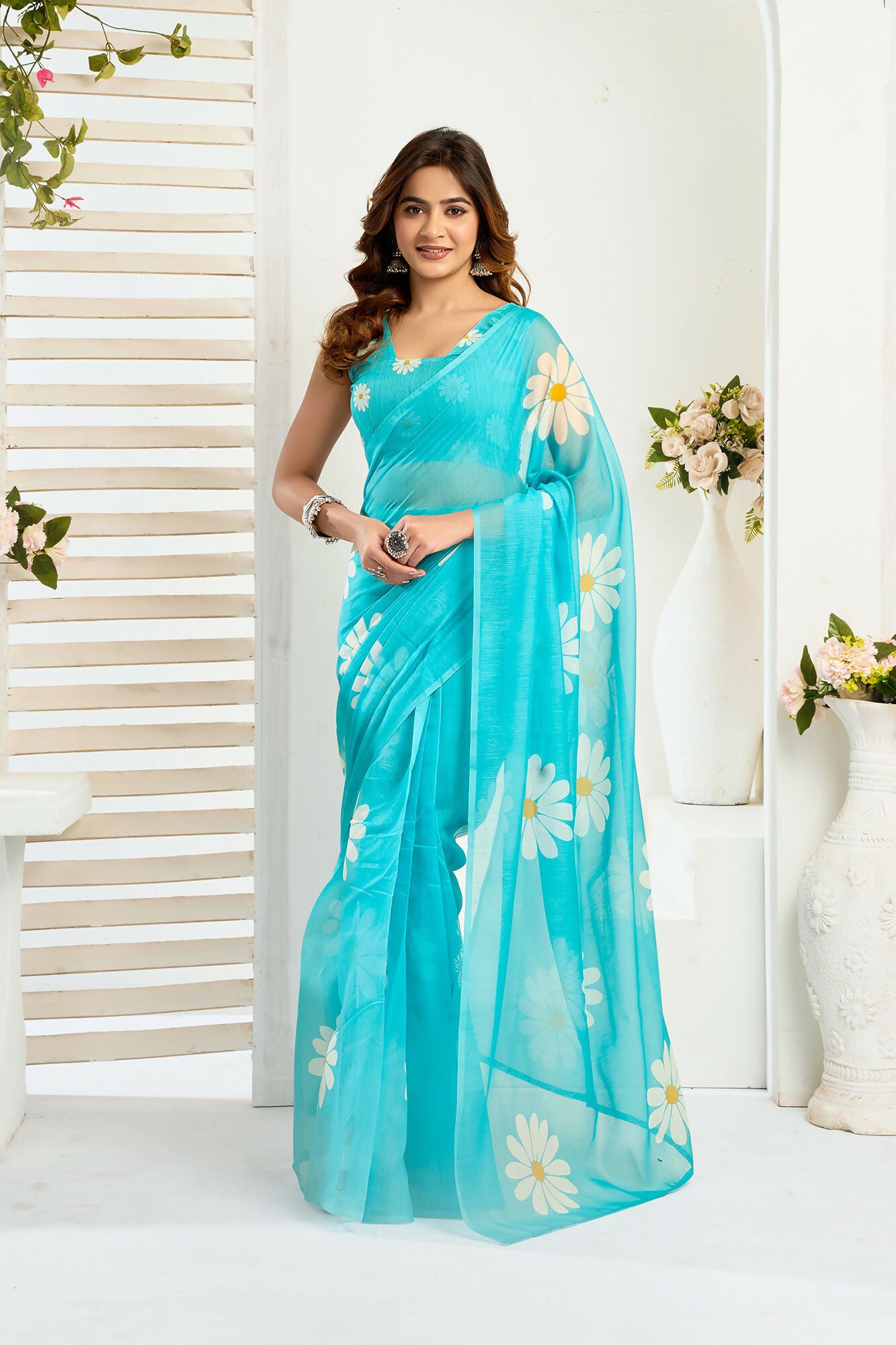 Vastranavya Sky Blue Digital Printed Linen Ready To Wear Designer Saree with Unstitched Blouse - Distacart