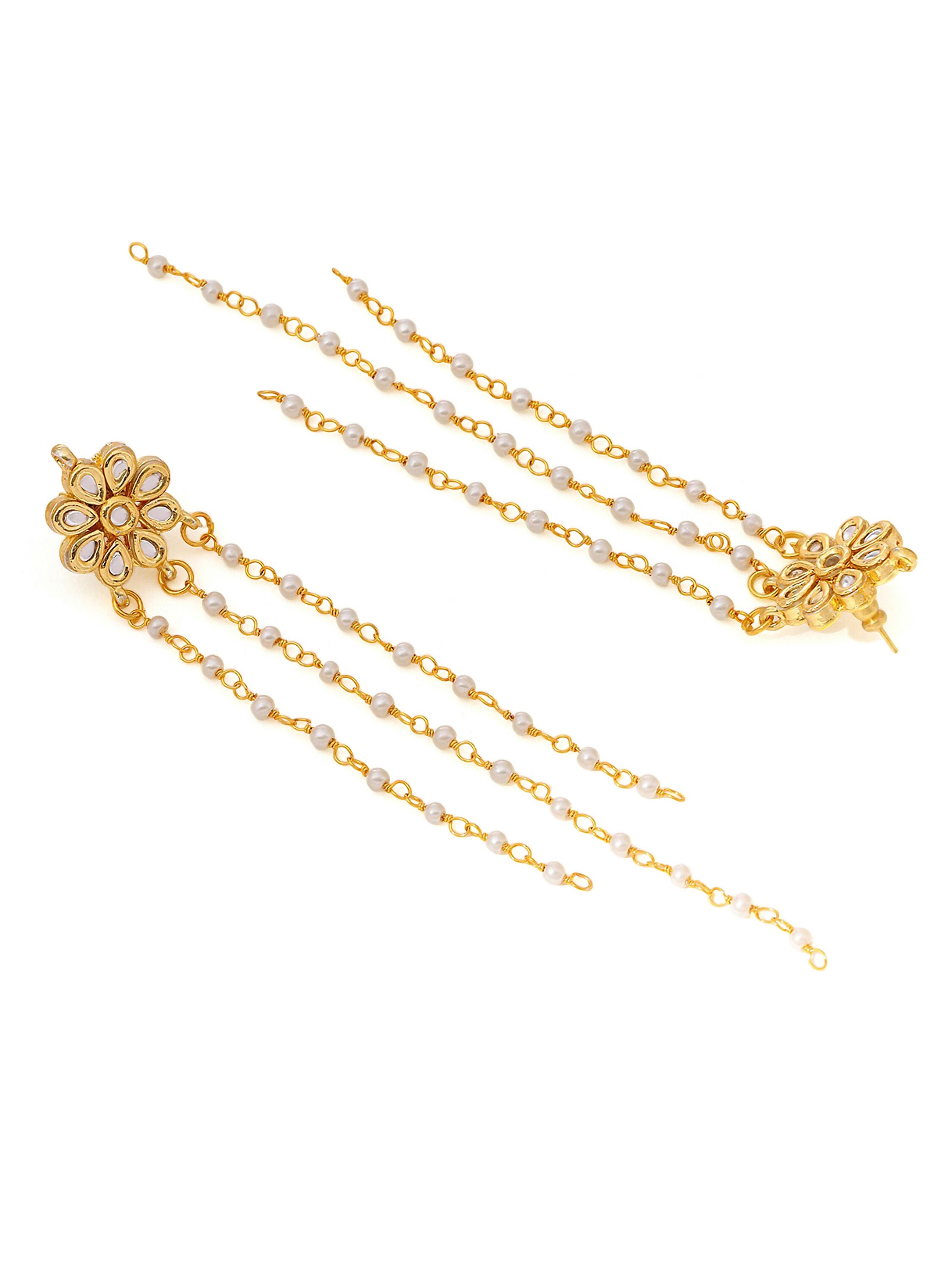 Ruby Raang Gold Long Kundan & Pearl Dangler Earrings
