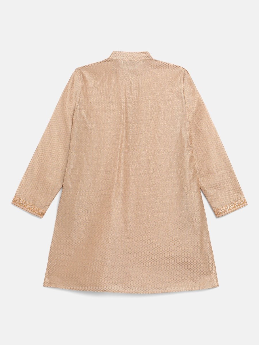Ahalyaa Boys Beige Poly Silk Gold Printed Kids Kurta Churidar Set - Distacart