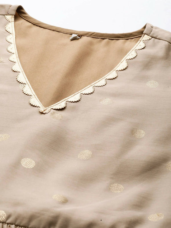 Ahalyaa Women's Beige Chanderi Gold Foil Print Dress - Distacart
