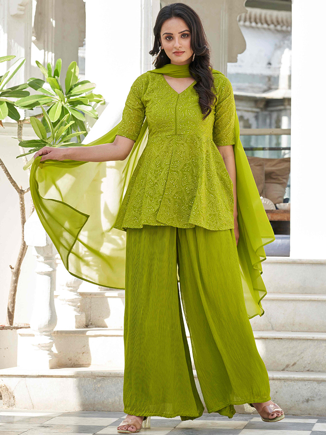 Kalini Floral Embroidered Regular Kurti with Palazzos & With Dupatta - Distacart