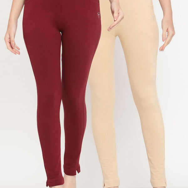 TAG 7 Women Beige & Maroon Pack of 2 Straight Fit Ankle-Length Leggings - Distacart