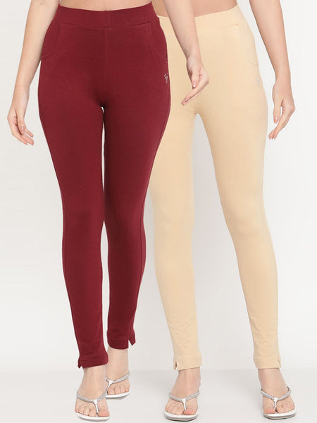 TAG 7 Women Beige & Maroon Pack of 2 Straight Fit Ankle-Length Leggings - Distacart