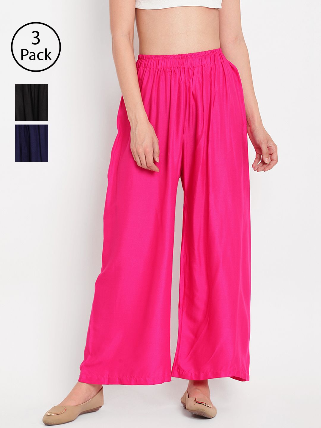 TAG 7 Women Pack Of 3 Solid Wide Leg Palazzos - Distacart