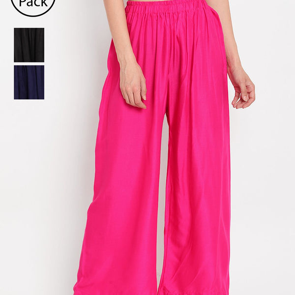 TAG 7 Women Pack Of 3 Solid Wide Leg Palazzos - Distacart