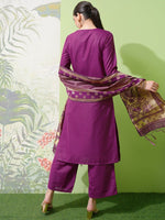 Thumbnail for Vishudh Purple Yoke Design Thread Work Straight Kurta With Palazzos & Dupatta