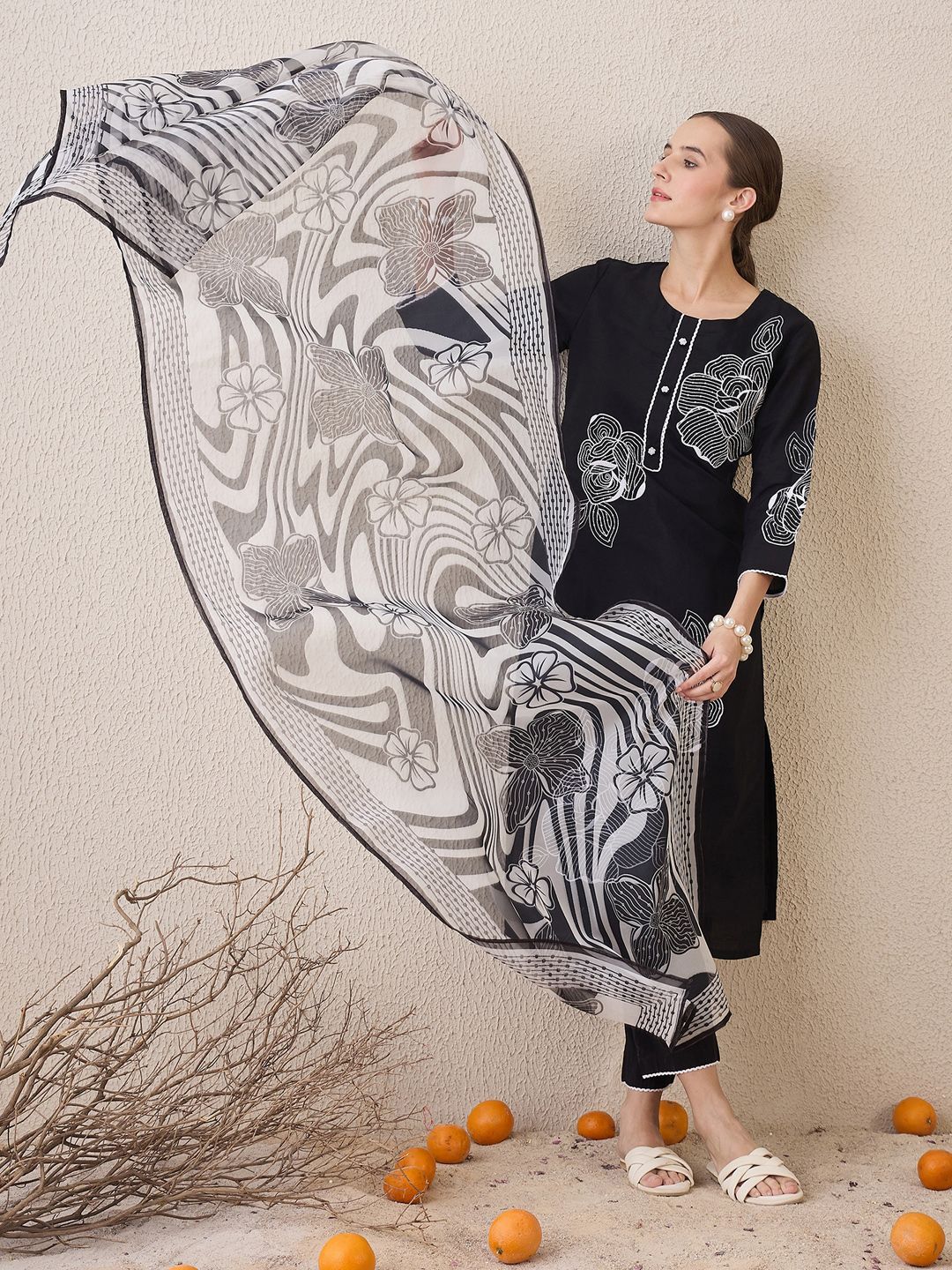 Indo Era Floral Embroidered Round Neck Sequinned Linen Kurta With Trousers & Dupatta