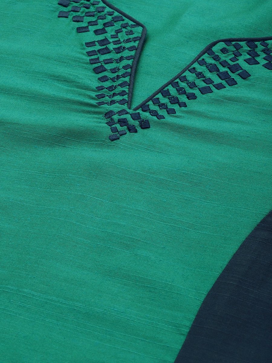 All About You Women Green & Navy Blue Colourblocked Kurta with Trousers - Distacart