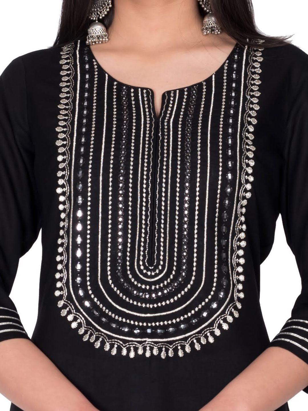 Swasti Women Black & Silver Yoke Design Mirror Work Straight Kurta - Distacart