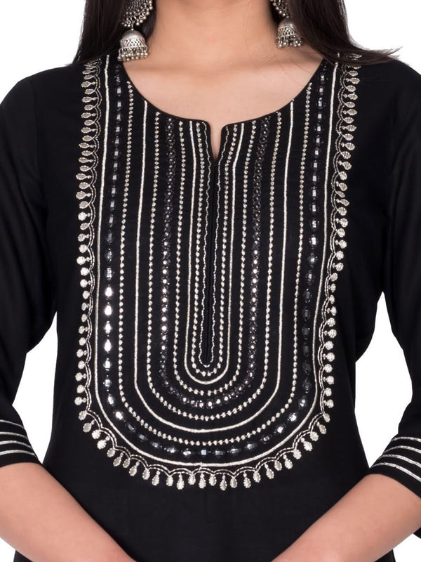 Swasti Women Black & Silver Yoke Design Mirror Work Straight Kurta