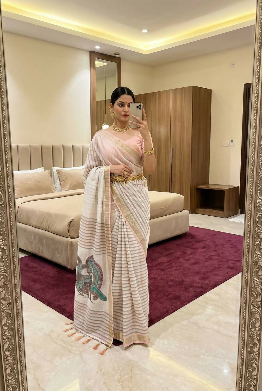 Vastranavya Peach Linen Cotton Meenakari Weaving Pallu Saree with Contrast Blouse - Distacart