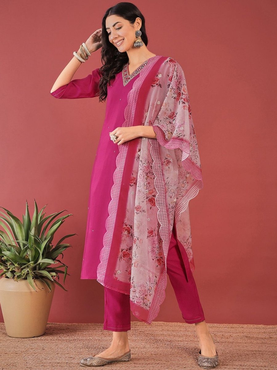 Anouk Pink Ethnic Motifs Yoke Design Thread Work Straight Kurta With Trousers & Dupatta