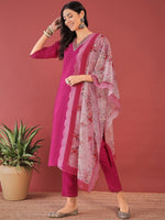 Thumbnail for Anouk Pink Ethnic Motifs Yoke Design Thread Work Straight Kurta With Trousers & Dupatta