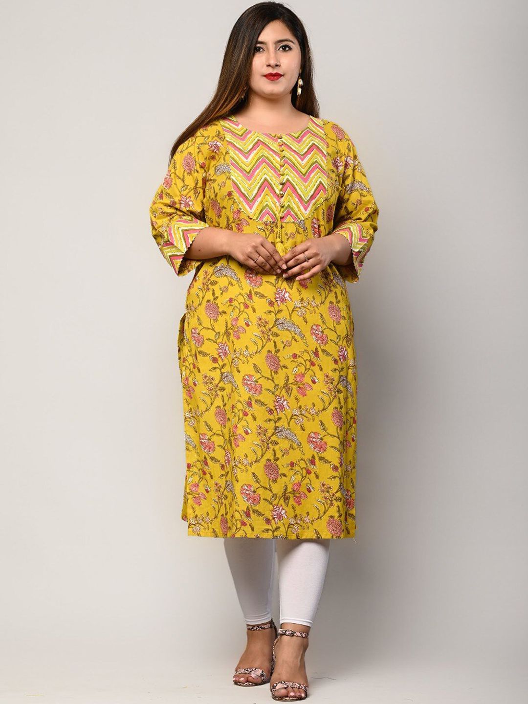 Swasti Women Plus Size Yellow Floral Printed Regular Sleeves Straight Kurta - Distacart