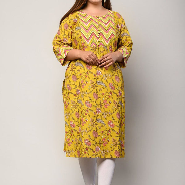 Swasti Women Plus Size Yellow Floral Printed Regular Sleeves Straight Kurta - Distacart