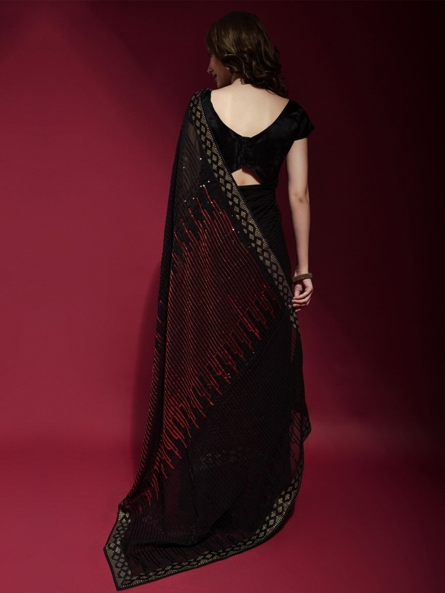 Anouk Black & Red Embellished Sequinned Pure Georgette Saree - Distacart