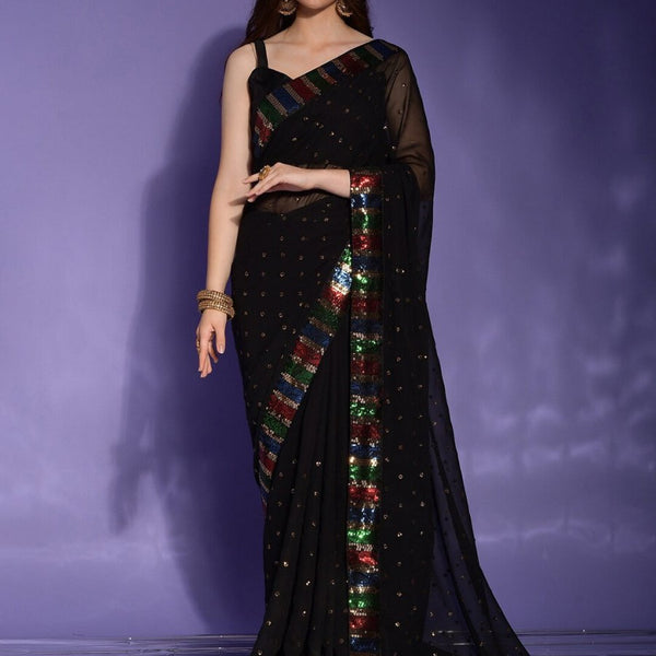 Anouk Black & Red Embellished Sequinned Pure Georgette Saree - Distacart
