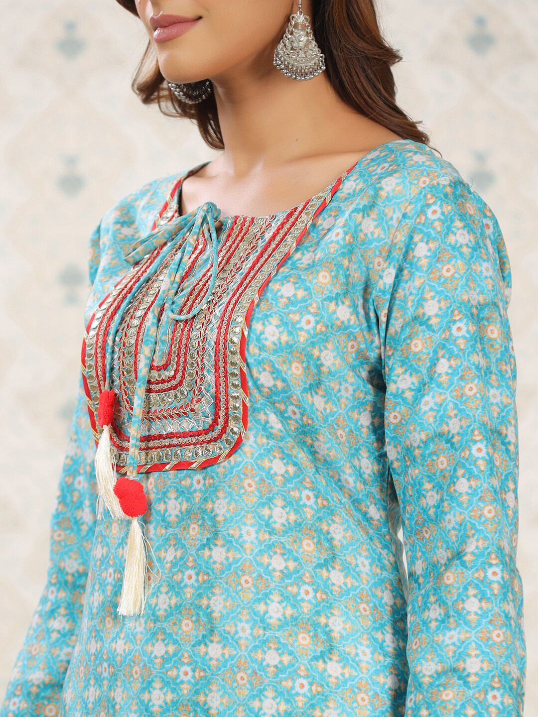 Ode by House of Pataudi Sea Green Ethnic Printed Tie-Up Neck Gotta Patti Straight Kurta - Distacart