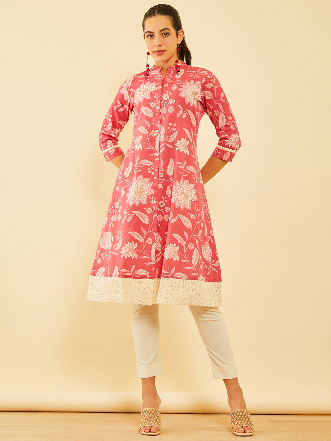 Soch Floral Printed Thread Work Mandarin Collar Cotton Straight Kurta - Distacart