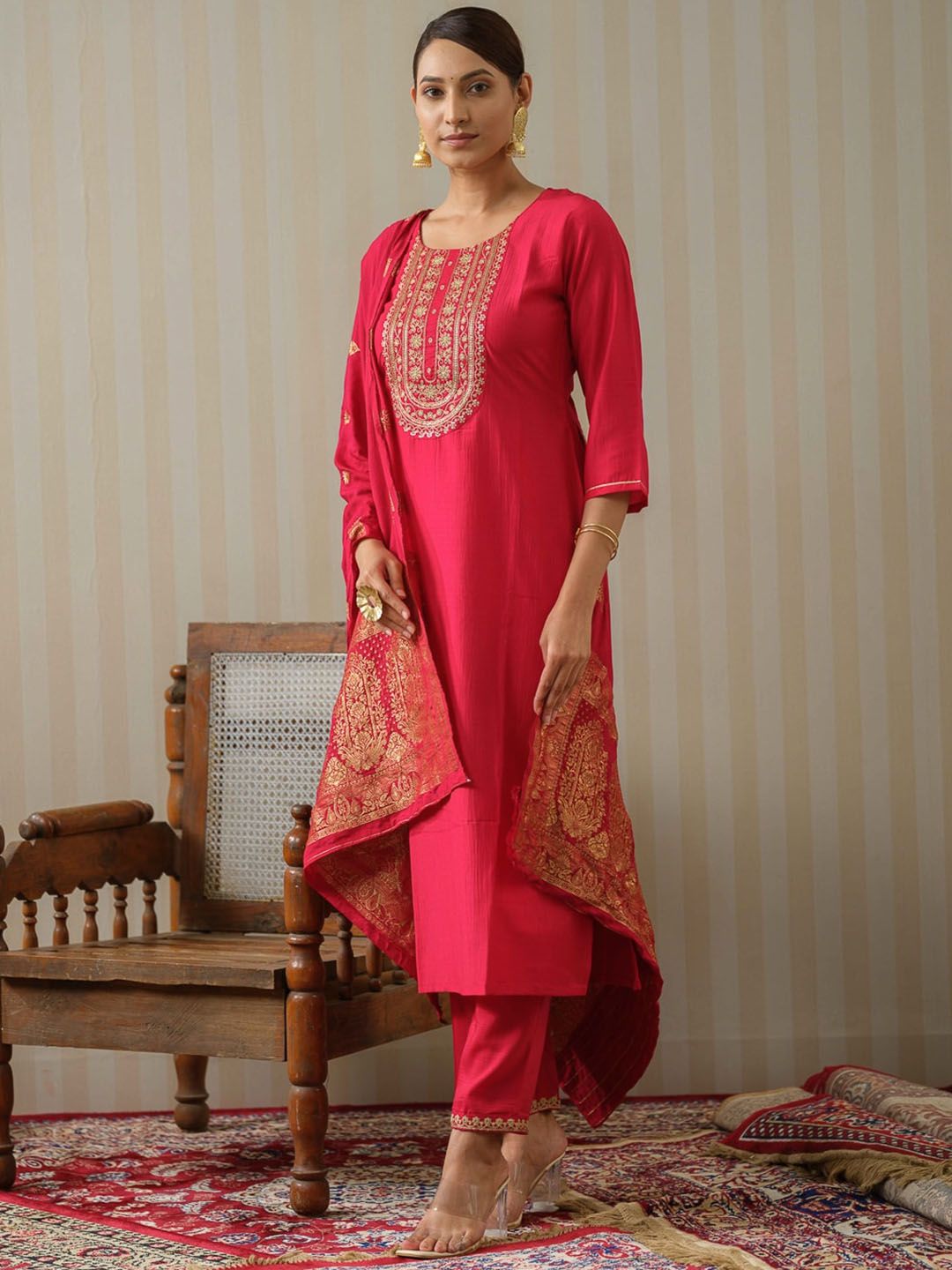 Ode by House of Pataudi Pink Ethnic Motifs Straight Kurta & Trousers With Dupatta - Distacart