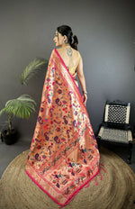 Thumbnail for Joban Fashion Reddish Pink Peacocks Flowers & Leaves Soft Silk Paithani Saree - Distacart
