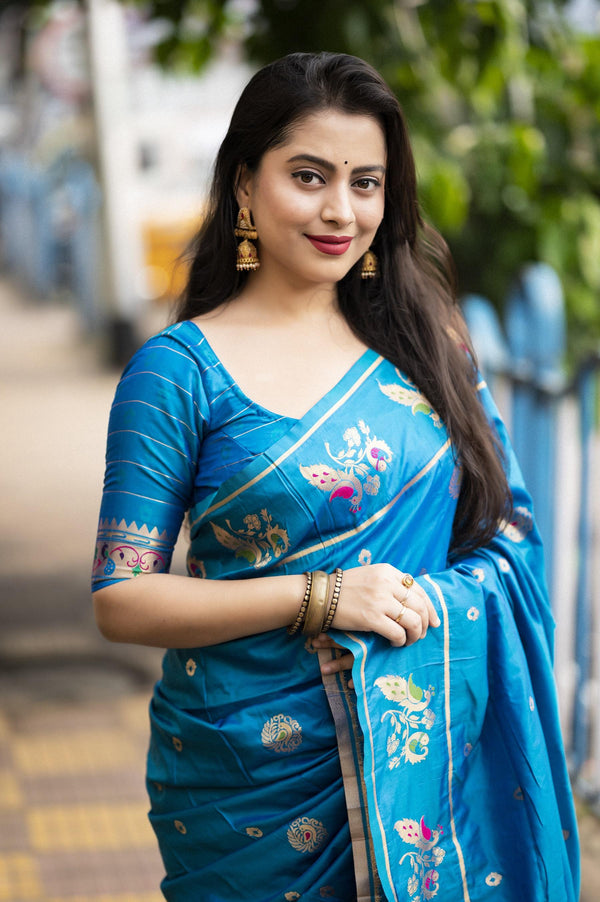 Blue Pure Silk Woven Design Saree with Unstitched Blouse - A2M - Distacart