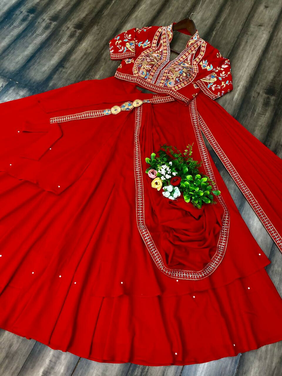 Preksha Creation Fancy Party Wear Fiyona Silk Lehenga Saree - Red - Distacart