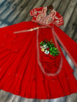 Thumbnail for Preksha Creation Fancy Party Wear Fiyona Silk Lehenga Saree - Red - Distacart
