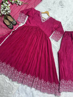Thumbnail for Preksha Creation Indian Women Pink Alia Cut Gown Pure Chinon Silk & Crush With Embroidery Work With Fancy Full Sleeves With Palazzo and Dupatta - Distacart