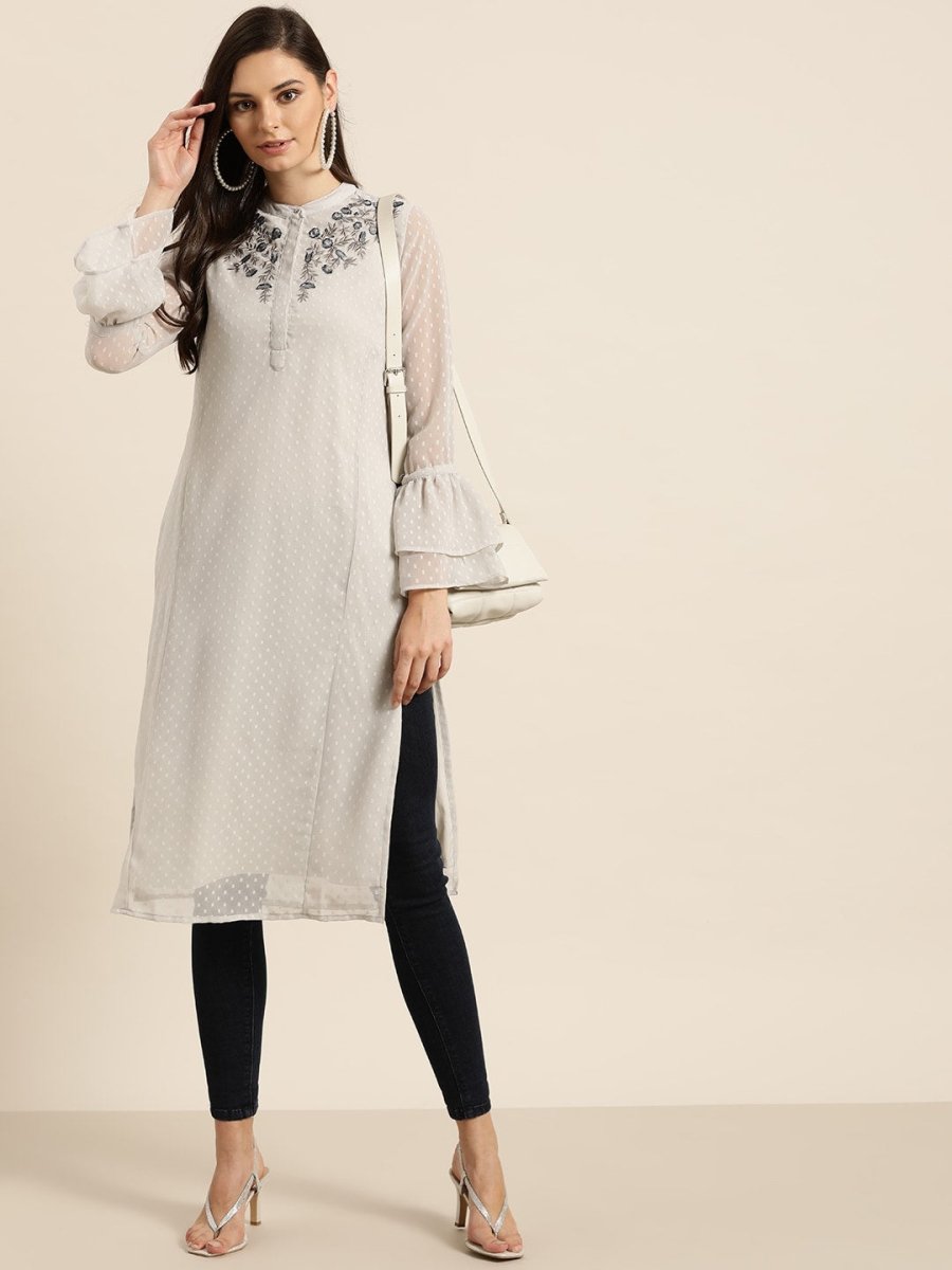 All About You Women Grey Bell Sleeves Yoke Design Thread Work Dobby Kurta - Distacart