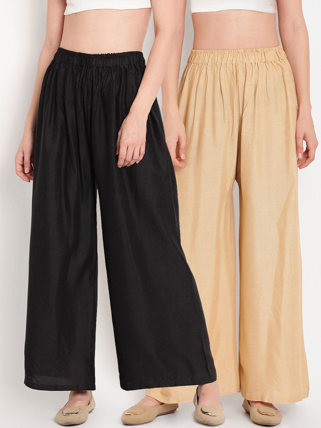 TAG 7 Women Pack Of 2 Black & Beige Solid Flared Palazzos - Distacart