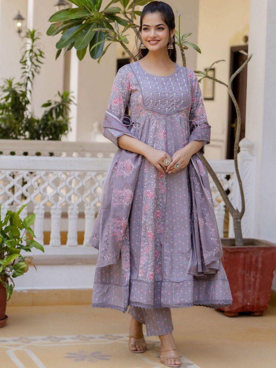 Anouk Women Floral Yoke Design Panelled Aari Work Pure Cotton Kurta with Trousers & With Dupatta