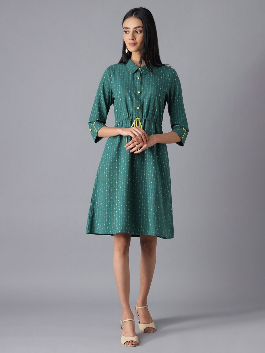 AURELIA Green Printed Pure Cotton A-Line Dress - Distacart