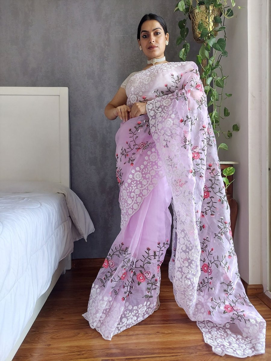 Anouk Lavender Floral Embroidered Organza Saree - Distacart