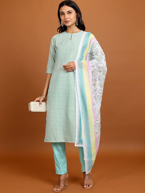 Vishudh Striped Keyhole Neck Straight Kurta With Trousers & Dupatta