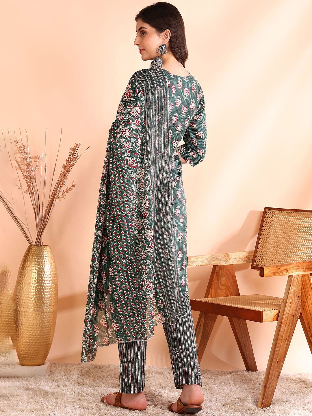 Ode by House of Pataudi Printed Mirror Work Pure Cotton Kurta With Trousers & Dupatta - Distacart