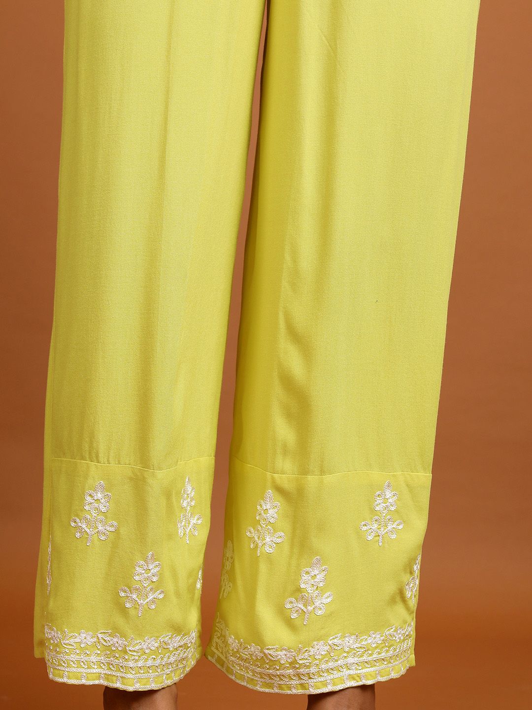 Vishudh Yellow Floral Embroidered Straight Kurta with Palazzos