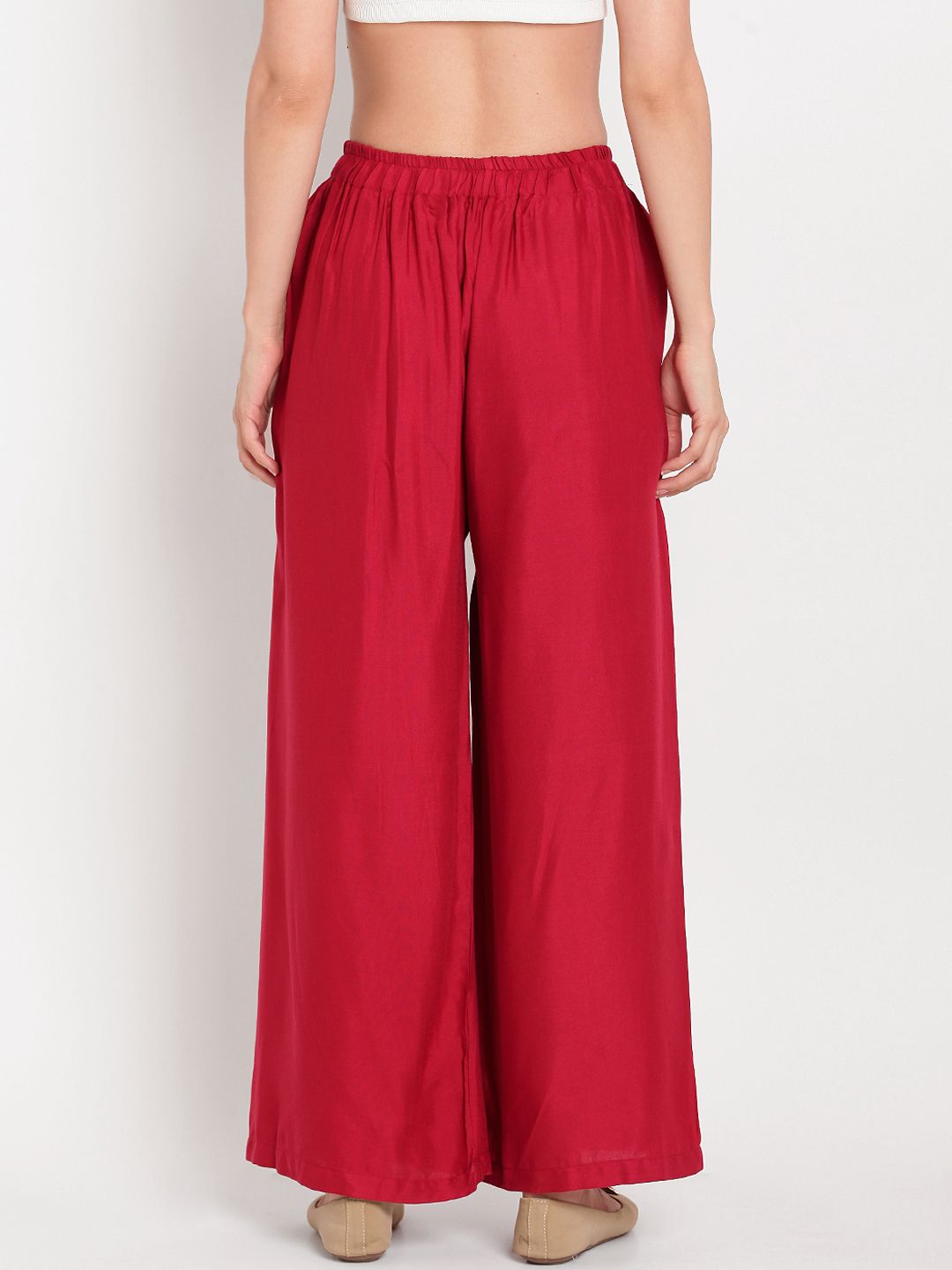 TAG 7 Women Set of 2 White & Red Solid Flared Palazzos
