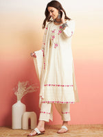 Thumbnail for Sangria Pure Cotton Floral Embroidered Straight Kurta With Trousers & Dupatta