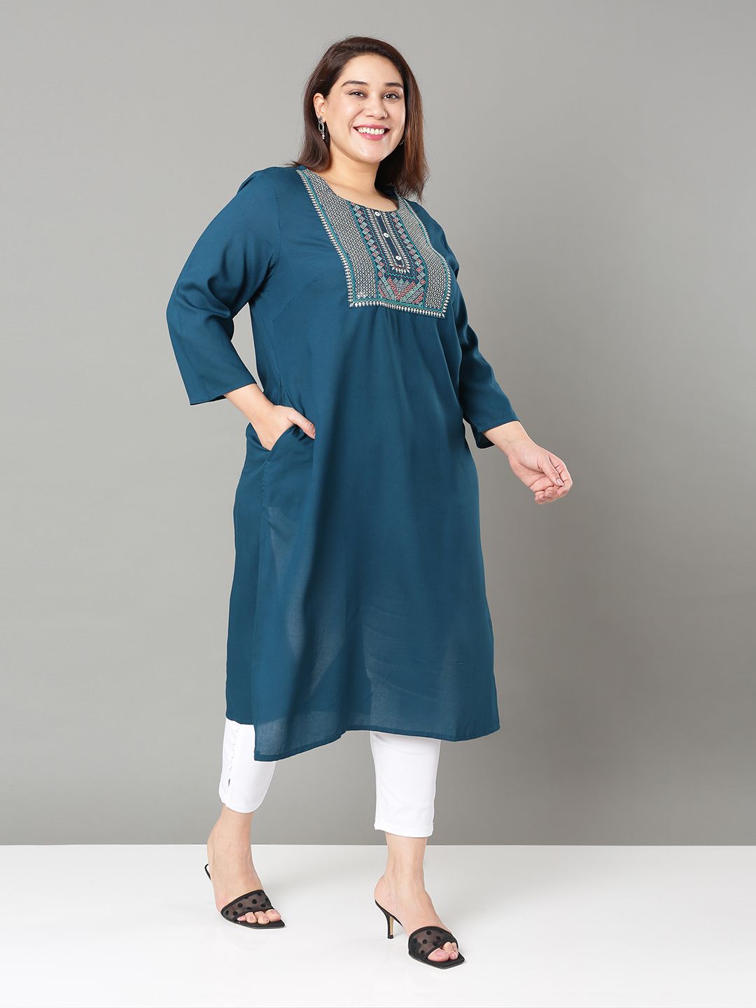 Sztori Floral Embroidered Yoke Design Sequined Straight Kurta - Distacart