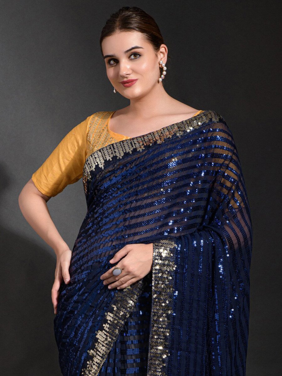 Anouk Navy Blue & Gold-Toned Embellished Sequinned Pure Georgette Saree - Distacart
