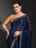Thumbnail for Anouk Navy Blue & Gold-Toned Embellished Sequinned Pure Georgette Saree - Distacart