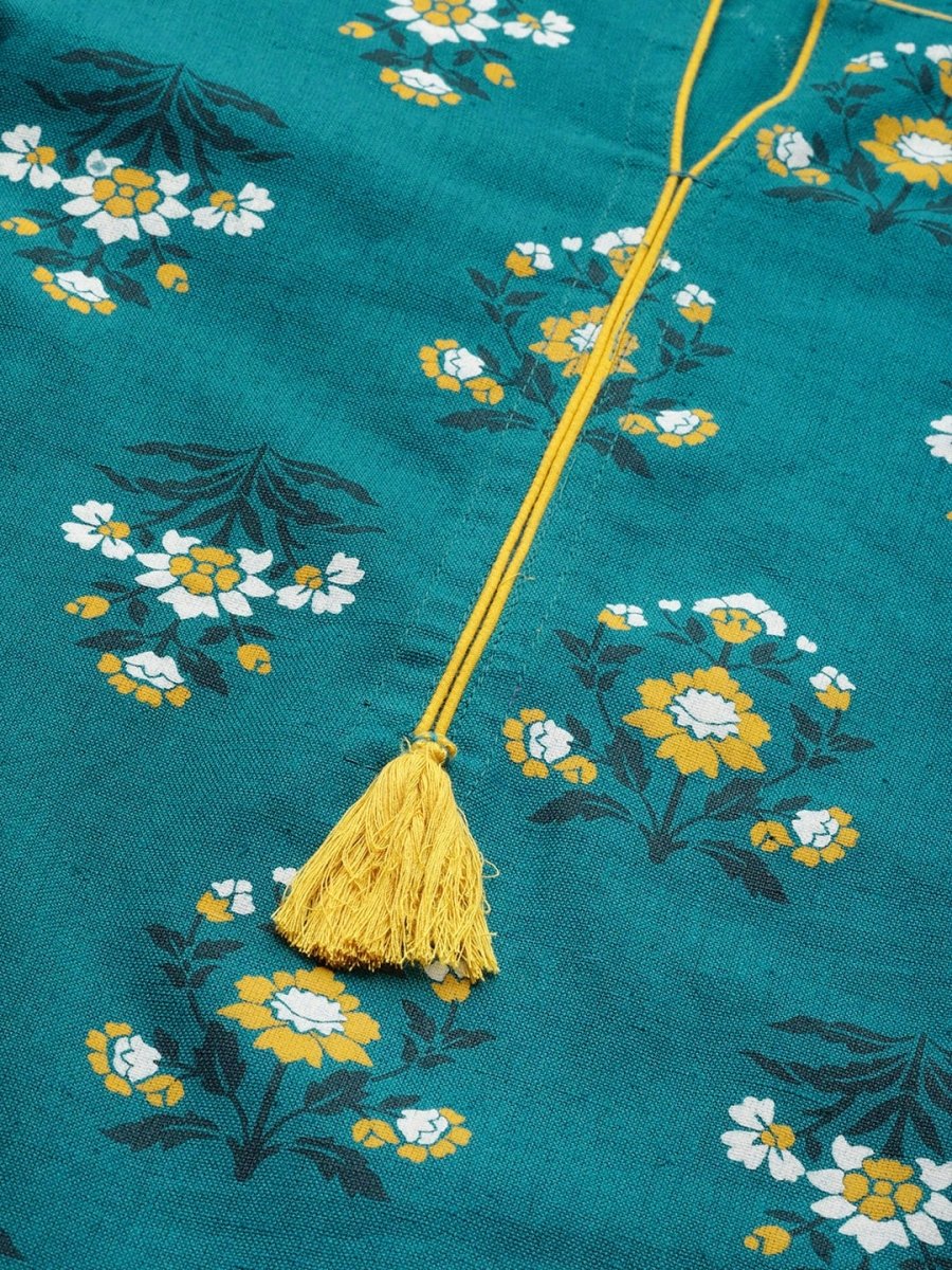 All About You Women Teal Blue Floral Printed Regular Pure Cotton Kurta with Trousers - Distacart