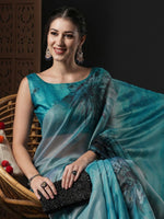 Thumbnail for Anouk Blue & Black Floral Printed Organza Saree - Distacart