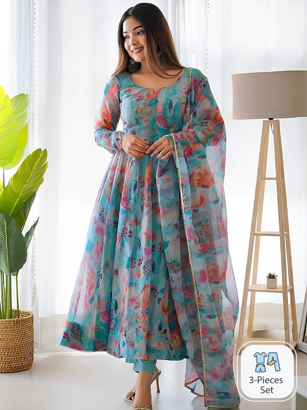 Kalini Floral Printed Gotta Patti Anarkali Kurta With Trousers & Dupatta - Distacart