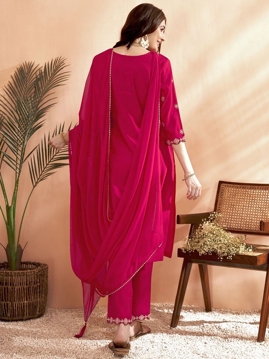 Anouk Pink Floral Yoke Design Thread Work Chanderi Silk Kurta With Trousers & Dupatta