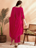 Thumbnail for Anouk Pink Floral Yoke Design Thread Work Chanderi Silk Kurta With Trousers & Dupatta