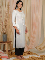 Thumbnail for Ode by House of Pataudi Floral Embroidered Tie-Up Neck Thread Work Straight Kurta - Distacart
