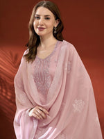Thumbnail for Anouk Pink Ethnic Motifs Embroidered Thread Work Straight Kurta With Trousers &Dupatta