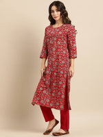 Thumbnail for All About You Women Red Floral Printed Pure Cotton Kurta with Trousers - Distacart
